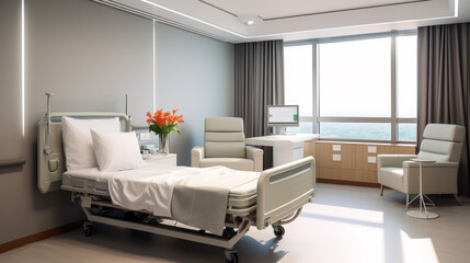 Sleek hospital room with panoramic view, advanced medical facilities, and a relaxing blue theme. Generative AI