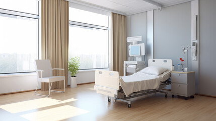 Sleek hospital room with panoramic view, advanced medical facilities, and a relaxing blue theme. Generative AI