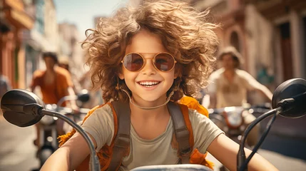 Tuinposter stylish city children on skateboards and bicycles in a group of friends ride along the streets of a colorful city in an incredibly positive atmosphere of happiness with the wind in their hair  © sky rider