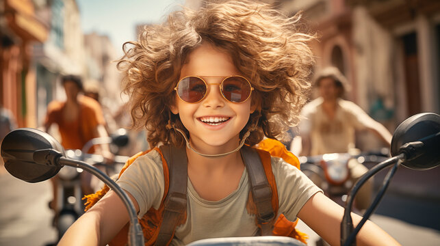 stylish city children on skateboards and bicycles in a group of friends ride along the streets of a colorful city in an incredibly positive atmosphere of happiness with the wind in their hair
