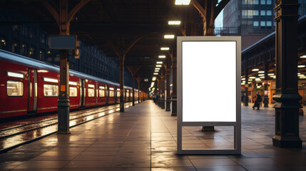 Vintage train station scene with moving train and lit advertisement kiosk. Transit dynamic and advertising concept Generative AI - obrazy, fototapety, plakaty
