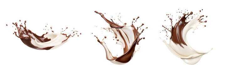 Splash of chocolate and white milk flow mixed on a transparent background