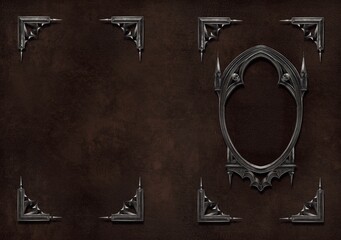 Book Template made of Gothic metallic ornaments on old leather texture. Freehand digital painting.