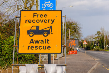 Sign advising motorists of Free Recovery at major roadworks.