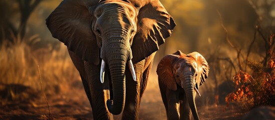 A calf right next to the father elephant - obrazy, fototapety, plakaty