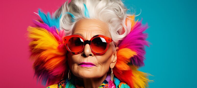 Vibrant Carnival Mask On Elderly Woman With Copy Space On Solid Color Studio Background