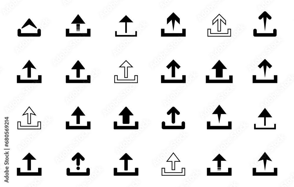 Poster upload icon vector set collection in flat style. upward arrow sign symbol