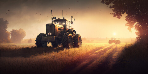 Fototapeta premium tractor in the field at sunset.Generative AI