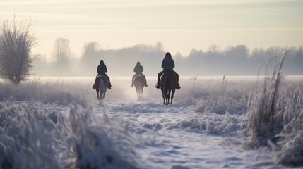 A group of horseback riders journey through a frosty field at dawn, their figures shrouded in mist, creating a peaceful yet mysterious winter scene. - obrazy, fototapety, plakaty