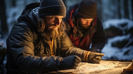 Two adventurers, immersed in planning, pore over a map by the light of a lantern in a wintery, forested landscape, their breath visible in the cold air.