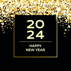2024 Happy New Year luxury shiny golden frame on a black background vector illustration. 2024 Happy New Year elegant black gold greeting card with glitter vector illustration. 2024 New Year sign