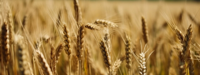 Obraz premium golden spikelets of wheat in the field close up. Generative AI