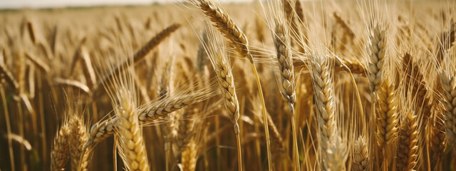 Fototapeta premium golden spikelets of wheat in the field close up. Generative AI