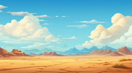 Desert landscape with golden sand dunes and stones under blue cloudy sky. Hot dry deserted african or mexican nature background with yellow sandy hills parallax scene, Cartoon vector illustration