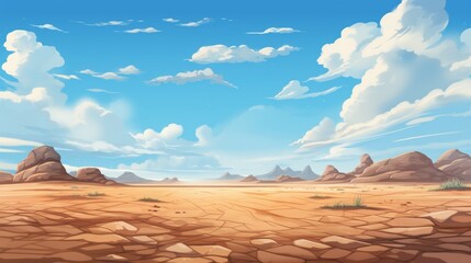 Fototapeta na wymiar Desert landscape with golden sand dunes and stones under blue cloudy sky. Hot dry deserted african or mexican nature background with yellow sandy hills parallax scene, Cartoon vector illustration
