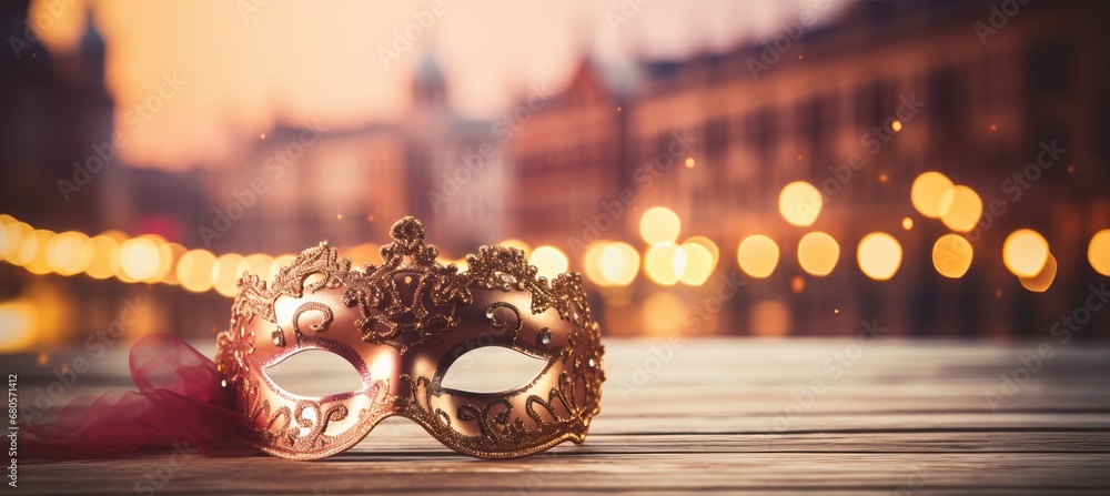 Poster vibrant venetian carnival background with main carnival attributes and copy space for text placement