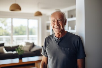 Obraz premium Portrait of a happy man in his 80s wearing a sporty polo shirt against a crisp minimalistic living room. AI Generation