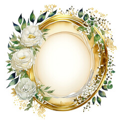 Złota okrągła ramka ślubna z kwiatami - obrazy, fototapety, plakaty
