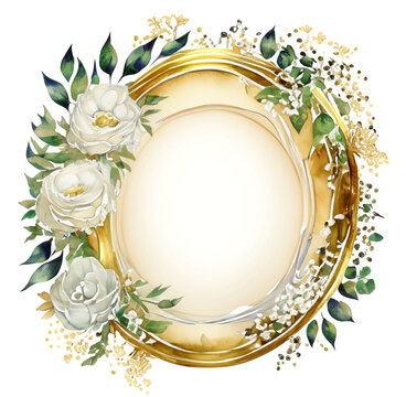 Złota okrągła ramka ślubna z kwiatami