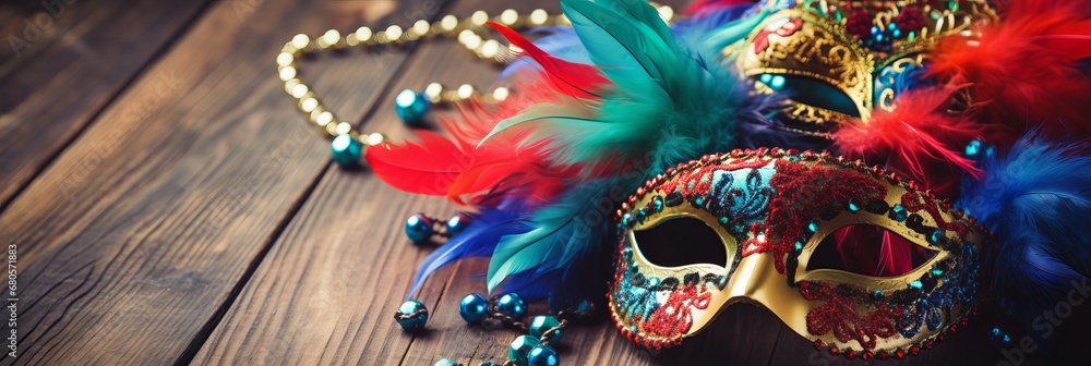 Poster bright venetian carnival background with main carnival attributes and copy space for text placement