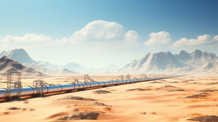 Obraz premium Elevated pipelines snaking through sand dunes against mountainous backdrop. Oil and gas transit. Generative AI