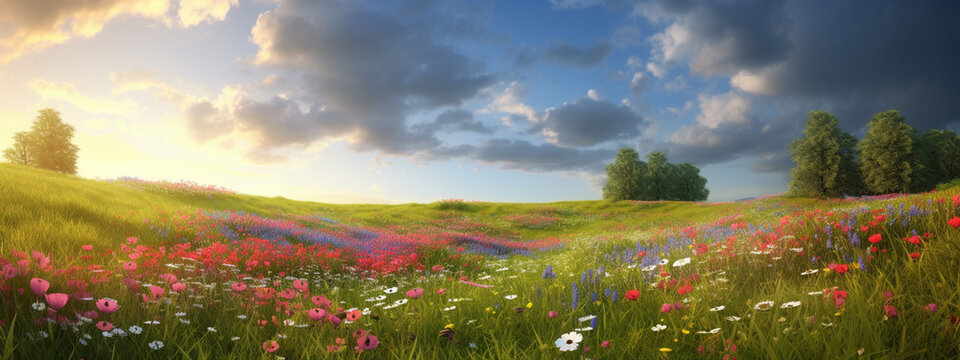 Summer flower meadow - floral background banner.Generative AI
