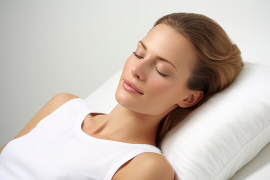 Serene Slumber: Woman Sleeping Comfortably on a Soft Pillow with Closed Eyes