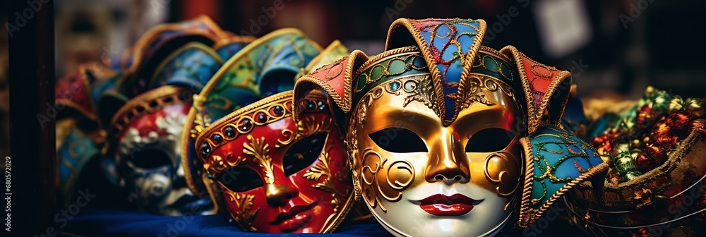 Poster colorful venetian carnival background with main attributes and copy space for text placement