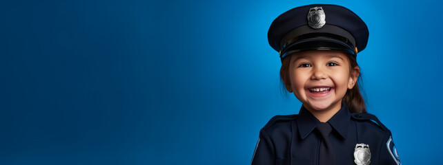 A smiling happy kid girl in policewoman uniform costume. Concept of future job. Blue Background copy space. Ai generative