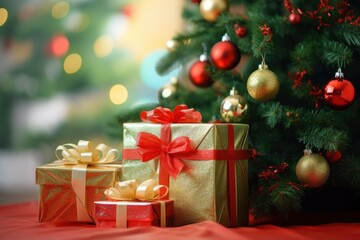 Fototapeta na wymiar A Festive Christmas Tree with Colorful Presents Underneath