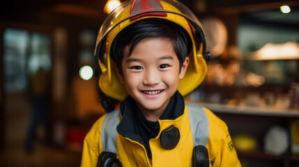 Asian Boy wears yellow suit, smiles, imagines to be a firefighter. Orange bokeh background. Future dream profession. Copy space. Ai generative