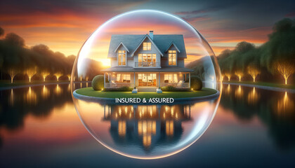 Family House protected by transparent sphere from natural disaster. Insurance and safety concept. Ai generative. - obrazy, fototapety, plakaty