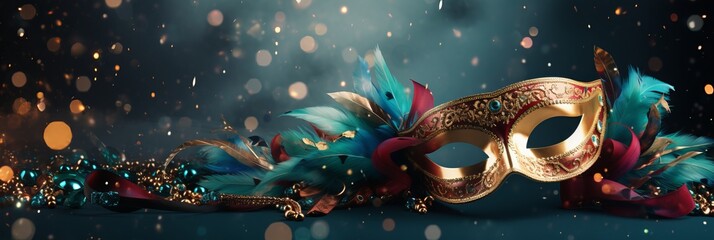 Vibrant venetian carnival background with main attributes and copy space for text placement - obrazy, fototapety, plakaty