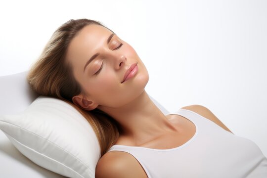 Serene Slumber: A Woman Resting Peacefully on a Soft Pillow with Her Eyes Closed