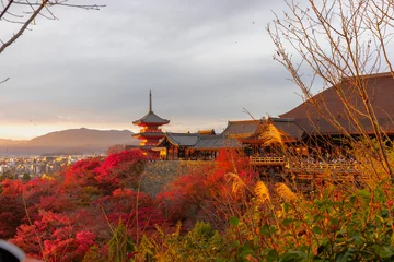 Papier Peint photo Lavable Kyoto 秋の清水寺,夕映えの三重塔(京都市東山区清水)