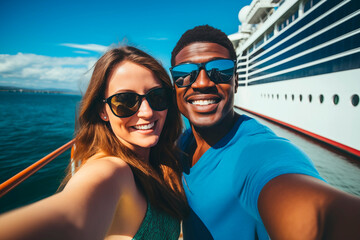 A couple taking a selfie with a cruise ship behind