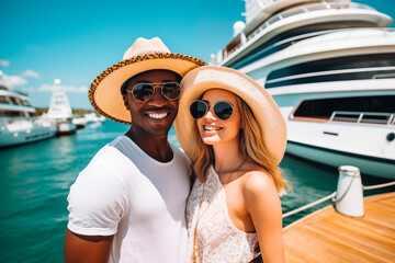 A couple in hats taking a selfie with a cruise ship behind
