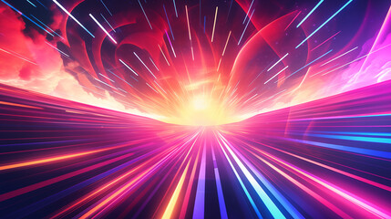 Abstract colorful background with rays. Synth-wave wallpaper. Forward motion to sunset. Retro futuristic design with neon lights. AI-generated background