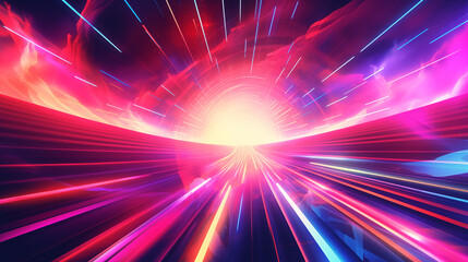 Abstract colorful background with rays. Synth-wave wallpaper. Forward motion to sunset. Retro futuristic design with neon lights. AI-generated background