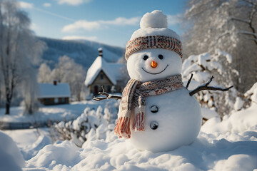 Obraz premium Created with generative ai technology image funny white snowman creation of family parents children playing in snow