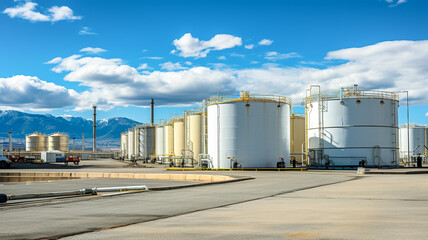 Storage of chemical products like oil, petrol, gas. View oil storage tank terminal and tanker, petrol industrial zone.

 - obrazy, fototapety, plakaty