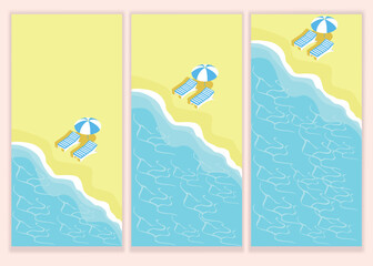 A set of beaches with waves, beach umbrellas and sun loungers and clear water. Summer holiday by the beach. Vector vertical illustration.