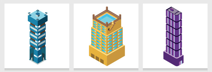 A set of various isometric skyscrapers of different colors and shapes. vector illustration.