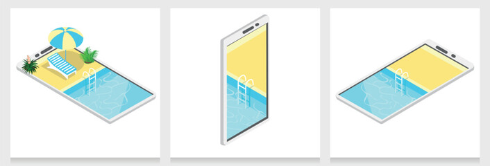 Set of isometric phones with tropical resort, swimming pool. vector illustration.
