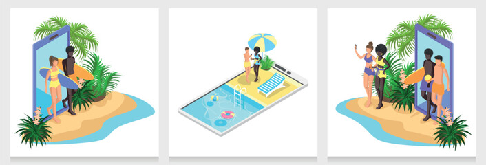 Set of isometric phones with tropical resort with people, pool, beach. vector illustration.
