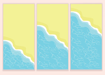 Set of beaches with waves and clear water. Summer holiday by the beach. Vector vertical illustration.