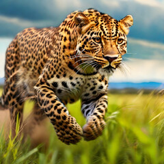 Obraz premium Leopard running in zoom in a large grass field view, cloudy sky, colorful nature