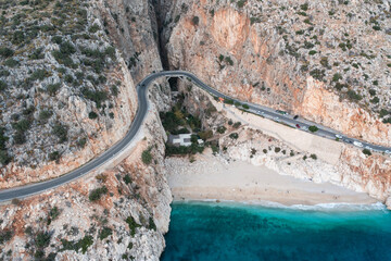 aerial top view The road around Kaputas beach on the high mountain winds along the beach and various viewpoints. The road is steep and sharp.good view on the road. relax in beautiful nature.