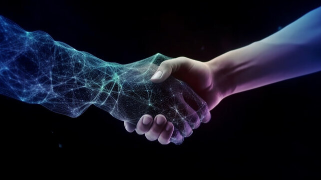 Digital Generated Human Hand And Businessman Shaking Hands.Generative AI