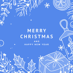 Christmas winter holiday square template with hand drawn cute design elements in line style. Festive frame. Vector illustration for greeting card, cover, banner, social media post